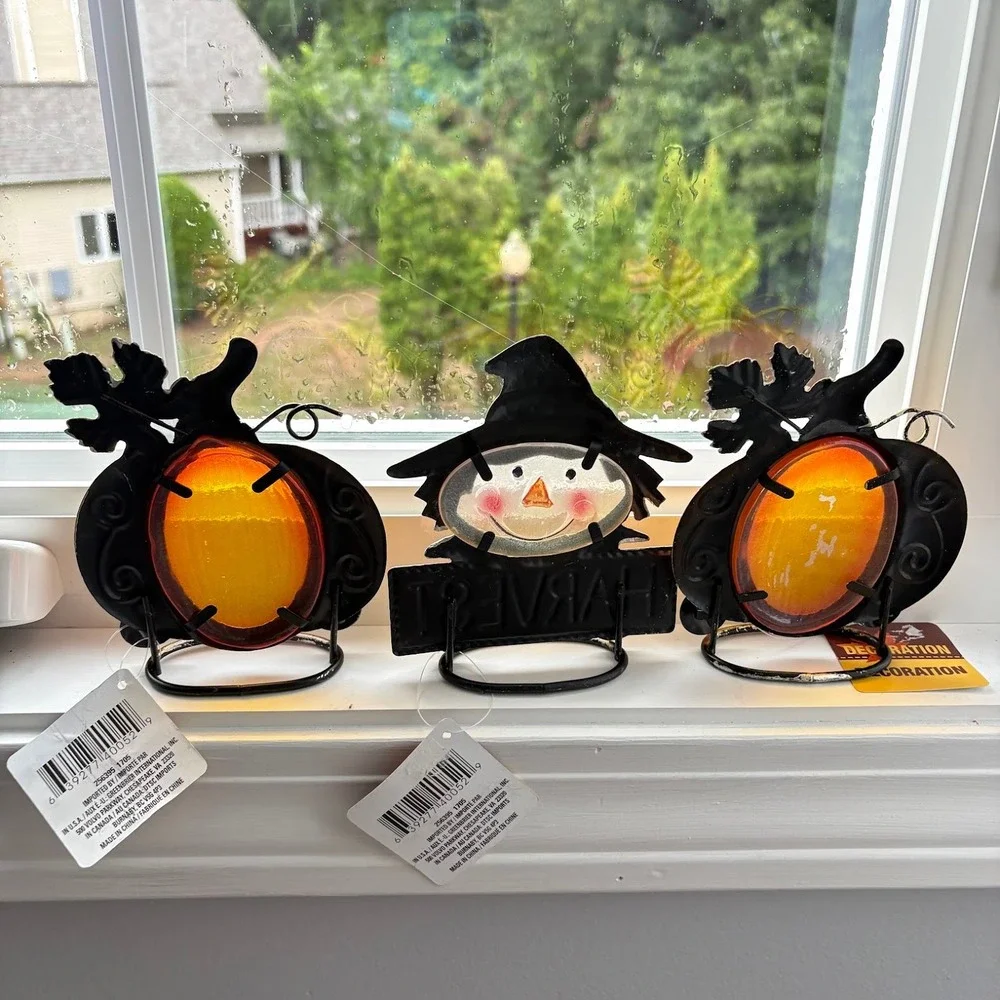 NWT Greenbrier International Fall Metal Pumpkin Scarecrow 3 Sun Catchers Sitters